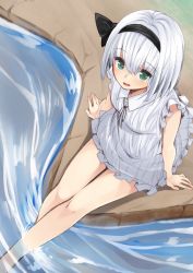 Rule 34 | 1girl, :d, alternate costume, arm support, bare legs, barefoot, black ribbon, breasts, dress, from above, green eyes, hair ribbon, hairband, highres, konpaku youmu, looking at viewer, looking up, neck ribbon, nigo (aozoragarou), open mouth, partially submerged, ribbon, short dress, short hair, silver hair, sitting, sleeveless, sleeveless dress, small breasts, smile, soaking feet, solo, stream, touhou, water, white dress
