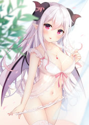 Rule 34 | 1girl, arm up, babydoll, blurry, blurry foreground, breasts, cleavage, collarbone, commentary, cowboy shot, demon girl, demon horns, demon wings, groin, hair between eyes, highres, horn ornament, horn ribbon, horns, jewelry, kurumi (miy@), large breasts, long hair, midriff, miy@, nail polish, navel, necklace, original, panties, panty pull, pink eyes, plant, pointy ears, pulled by self, ribbon, sidelocks, solo, strap pull, symbol-only commentary, tongue, tongue out, underwear, white hair, white panties, wings