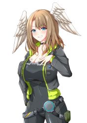 Rule 34 | 1girl, absurdres, belt, black bodysuit, black choker, black jacket, blue eyes, blue pupils, bodysuit, breast tattoo, breasts, choker, cleavage, eunie (xenoblade), feathered wings, feathers, green hoodie, grin, head wings, highres, hood, hoodie, huge breasts, jacket, latex, latex bodysuit, leather, leather jacket, light brown hair, light xion, long hair, long sleeves, looking at viewer, open clothes, open jacket, revision, smile, solo, standing, tattoo, white wings, wings, xenoblade chronicles (series), xenoblade chronicles 3