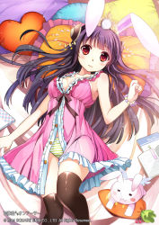 Rule 34 | 1girl, animal ears, black hair, black thighhighs, bracelet, breasts, carrot, character request, cleavage, dress, hair ornament, heart, jewelry, kaku-san-sei million arthur, long hair, looking at viewer, lying, million arthur (series), official art, on bed, open clothes, open dress, panties, pillow, pink dress, rabbit ears, red eyes, sleeveless, sleeveless dress, solo, striped clothes, striped panties, stuffed animal, stuffed toy, thighhighs, thighs, tin (wsp85205), unbuttoned, underwear