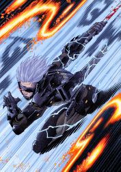 Rule 34 | 1boy, attack, blood, blood stain, cyborg, duhdude, electricity, eyepatch, glowing, glowing eye, grey hair, highres, incoming attack, katana, lightning, looking at viewer, male focus, mechanical arms, metal gear (series), metal gear rising: revengeance, one eye covered, prosthesis, raiden (metal gear), red eyes, sheath, short hair, slashing, solo, sword, weapon, white hair