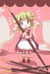 Rule 34 | 1girl, apron, blue eyes, dress, green hair, grid background, highres, horns, jazz grace, lidelle (puyopuyo), long sleeves, looking at viewer, open mouth, pointy ears, puyopuyo, solo, tagme, white apron