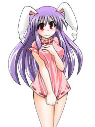 Rule 34 | 1girl, angry, animal ears, blush, bottomless, breasts, cosplay, dress, dress tug, female focus, inaba tewi, inaba tewi (cosplay), long hair, no pants, pink dress, pink skirt, purple hair, rabbit ears, red eyes, reisen udongein inaba, simple background, skirt, solo, touhou, white background
