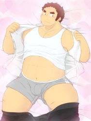 Rule 34 | 1boy, 3c pan, abs, bara, belly, blush, boxers, brown hair, bulge, clothes lift, clothes pull, facial hair, facial scar, feet out of frame, grey male underwear, tamamura gunzo, heart, heart background, large pectorals, long sideburns, looking to the side, lying, male focus, male underwear, male underwear pull, midriff peek, muscular, muscular male, navel, nipples, on back, pants, pants pull, pectoral cleavage, pectorals, scar, scar on cheek, scar on face, shirt grab, shirt lift, short hair, sideburns, sidepec, solo, spiked hair, stomach, stubble, sweatdrop, tank top, thick eyebrows, thick thighs, thighs, tokyo houkago summoners, underwear, undressing, white tank top
