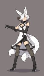 Rule 34 | 1girl, absurdres, adjusting clothes, adjusting gloves, aio fuwamiya (shuuko), animal ears, bare shoulders, black gloves, black shorts, blue eyes, boots, breasts, brown thighhighs, cleavage cutout, clothing cutout, elbow gloves, female focus, fox ears, fox tail, full body, gloves, grey background, grin, hair ornament, hair over one eye, high heel boots, high heels, highres, knee boots, looking at viewer, medium breasts, multiple tails, one eye closed, original, shorts, shuuko (s h uuko), simple background, smile, solo, standing, tail, teeth, thighhighs