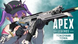 Rule 34 | 1girl, absurdres, apex legends, assault rifle, baseball cap, black camisole, black gloves, black hat, camisole, character name, copyright name, firing, gloves, green eyes, gun, hat, highres, holding, holding gun, holding weapon, hololive, jacket, one eye closed, purple hair, r-301 carbine, rifle, shell casing, sogogidonburi, solo, tokoyami towa, twintails, v-shaped eyebrows, virtual youtuber, weapon, white jacket