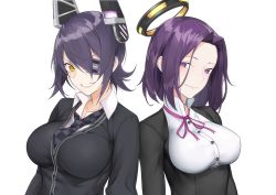 Rule 34 | 10s, 2girls, blush, breasts, checkered clothes, checkered necktie, checkered neckwear, eyepatch, grin, halo, headgear, highres, kantai collection, large breasts, looking at viewer, mechanical halo, mole, mole under eye, multiple girls, necktie, purple eyes, purple hair, short hair, simple background, smile, tatsuta (kancolle), tenryuu (kancolle), upper body, white background, yagitome87, yellow eyes