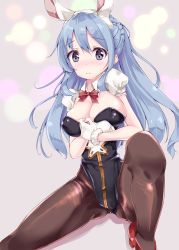 Rule 34 | 10s, 1girl, animal ears, bad anatomy, blue hair, blush, bow, bowtie, breasts, brown pantyhose, closed mouth, detached collar, detached sleeves, fake animal ears, fukuda shuushi, fur trim, granblue fantasy, hands on own chest, highres, knee up, large breasts, leotard, looking at viewer, pantyhose, playboy bunny, puffy short sleeves, puffy sleeves, rabbit ears, red bow, red bowtie, short sleeves, sitting, smile, solo, spread legs, therese (granblue fantasy)