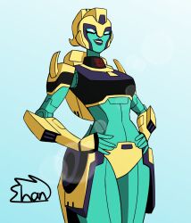 Rule 34 | 1girl, autobot, black lips, blue background, blue eyes, breasts, colored skin, curvy, elita one, green skin, hands on own hips, highres, humanoid robot, lips, medium breasts, panties, robot, shan 4rt, transformers, transformers animated, underwear, yellow panties