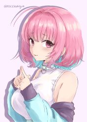 Rule 34 | 1girl, ahoge, aqua jacket, blue hair, breasts, hair intakes, highres, idolmaster, idolmaster cinderella girls, jacket, jacket partially removed, large breasts, leather choker, looking at viewer, multicolored hair, own hands together, pink eyes, pink hair, roccamoya, shadow, shirt, simple background, sleeveless, sleeveless shirt, solo, twitter username, two-tone hair, white shirt, yumemi riamu
