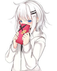 Rule 34 | 1girl, absurdres, blue eyes, blush, colored eyelashes, covering own mouth, eyelashes, flying sweatdrops, gift, hair ornament, hairclip, highres, holding, holding gift, hood, hood down, hoodie, long sleeves, looking to the side, original, otokuyou, ringo-chan (haegiwa), ringo-chan (otokuyou), short hair, silver hair, simple background, solo, upper body, valentine, white background