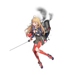 Rule 34 | 1girl, ahoge, alternate costume, blonde hair, blue eyes, blue footwear, blue gloves, blush, bow, breasts, buttons, capelet, closed mouth, damaged, double-breasted, full body, gloves, grey jacket, hand on own chest, holding, holding sword, holding weapon, jacket, long hair, long sleeves, looking at viewer, machinery, military, military uniform, northampton (warship girls r), official art, pantyhose, red bow, red pantyhose, red ribbon, ribbon, sash, scabbard, sheath, shoes, shuang ye, single glove, smoke, smokestack, solo, sword, torn clothes, torn pantyhose, transparent background, uniform, warship girls r, weapon