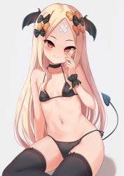 Rule 34 | 1girl, abigail williams (fate), bandaid, bandaid on face, bandaid on forehead, bare shoulders, bikini, black bikini, black thighhighs, blonde hair, blush, bow, breasts, collarbone, crossed bandaids, demon tail, fate/grand order, fate (series), forehead, hair bow, head wings, highres, long hair, looking at viewer, milkshakework, multiple bows, navel, parted bangs, red eyes, sidelocks, sitting, small breasts, smile, solo, swimsuit, tail, thighhighs, thighs, wings
