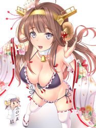 Rule 34 | 10s, 2015, 2girls, animal costume, bad anatomy, bad id, bad pixiv id, bare shoulders, bell, bikini, breasts, brown hair, cleavage, collar, detached sleeves, fairy (kancolle), frilled bikini, frills, front-tie top, grey eyes, headgear, horns, kantai collection, kongou (kancolle), lace, lace-trimmed legwear, lace trim, large breasts, long hair, looking at viewer, melopun, multiple girls, navel, neck bell, open mouth, ribbon-trimmed legwear, ribbon-trimmed sleeves, ribbon trim, sheep costume, sheep horns, side-tie bikini bottom, solo focus, swimsuit, thighhighs, white legwear