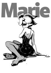 Rule 34 | 1girl, bare arms, bare shoulders, character name, detached collar, dress, earrings, eyelashes, full body, inkling, jewelry, koharu2.5, marie (splatoon), monochrome, nintendo, no gloves, no shoes, pantyhose, pointy ears, short dress, short hair, simple background, sitting, solo, splatoon (series), splatoon 1, tentacle hair, white background