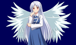 Rule 34 | 1girl, angel, angel wings, asatsuki (fgfff), blue background, blue dress, blush, breasts, closed mouth, collared shirt, dress, feathered wings, hand on own face, happy, highres, long dress, long hair, long sleeves, medium breasts, multiple wings, red eyes, sariel (touhou), seraph, shirt, simple background, smile, solo, touhou, touhou (pc-98), very long hair, white hair, white wings, wings