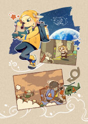 Rule 34 | aircraft, arrow (symbol), backpack, bag, bear, black eyeshadow, black gloves, black headwear, black pants, black shirt, blonde hair, blue bag, blue eyes, blue pants, blush, boots, brown background, brown footwear, brown sky, character request, check character, closed mouth, cloud, commentary request, constellation, creature, eyeshadow, fleeing, flying sweatdrops, gloves, grey pants, grey shirt, helicopter, helmet, holding, holding creature, innertube, jacket, leggings, long sleeves, makeup, nintendo, notice lines, octoling, octoling player character, one eye closed, pants, photo (object), planet, pocket, potsupo, salmonid, shadow, shirt, shoes, short hair, smallfry (splatoon), smile, sneakers, splatoon (series), splatoon 3, stampede, star (symbol), sunset, swim ring, tentacle hair, tile floor, tiles, torn clothes, torn shirt, v-shaped eyebrows, vest, waves, waving, yellow footwear, yellow jacket, yellow vest