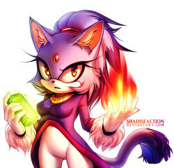 Rule 34 | 1girl, animal ears, blaze the cat, cat ears, cat girl, cat tail, eyelashes, fire, forehead jewel, fur-trimmed gloves, fur trim, furry, furry female, gloves, gold necklace, jacket, jewelry, looking at viewer, necklace, pants, ponytail, purple fur, purple jacket, pyrokinesis, sol emerald, sonic (series), sonya sapphire, tail, white background, white gloves, white pants, yellow eyes