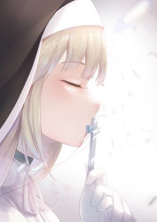 Rule 34 | 1girl, absurdres, close-up, closed eyes, cross, cross necklace, eyelashes, feer553648, from side, gloves, habit, hair between eyes, highres, holding, jewelry, kiss, light brown hair, long hair, long sleeves, necklace, nijisanji, nun, profile, sister claire, sister claire (1st costume), solo, traditional nun, turtleneck, virtual youtuber, white gloves