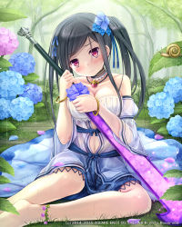 Rule 34 | 1girl, :c, anklet, bare shoulders, barefoot, black hair, blue flower, blue ribbon, bracelet, breasts, choker, cleavage, collarbone, detached sleeves, dress, eyebrows, flower, grass, hair flower, hair ornament, hair ribbon, head tilt, highres, holding, holding sword, holding weapon, hydrangea, indoors, jewelry, long hair, looking at viewer, lost crusade, medium breasts, midriff, namaru (summer dandy), navel, necklace, necktie, pendant, petals, purple eyes, rain, ribbon, see-through, sitting, solo, strapless, strapless dress, sword, tears, weapon, wet, wet clothes, wet hair, yokozuwari