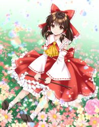 Rule 34 | 1girl, ascot, bow, brown eyes, brown hair, closed mouth, detached sleeves, field, flower, flower field, frilled skirt, frills, full body, gohei, hair bow, hair tubes, hakurei reimu, highres, kakiko210, looking at viewer, nontraditional miko, red bow, red skirt, shoes, short hair, sitting, skirt, socks, solo, touhou, wide sleeves, yellow ascot