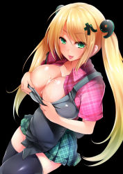 Rule 34 | &gt;:p, 1girl, :p, apron, apron pull, black apron, black thighhighs, blonde hair, blush, breasts, cleavage, clothes pull, collarbone, cowboy shot, cum, cum on body, cum on breasts, cum on upper body, goban, green eyes, hair ornament, highres, large breasts, long hair, looking at viewer, naughty face, open clothes, open shirt, original, plaid, plaid shirt, plaid skirt, pulling own clothes, shirt, skirt, solo, thighhighs, tongue, tongue out, twintails, v-shaped eyebrows, very long hair