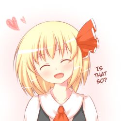 Rule 34 | 1girl, :d, ^ ^, ascot, bad id, blonde hair, closed eyes, closed eyes, fang, female focus, hair ribbon, hard-translated, heart, is that so, kousa (black tea), open mouth, portrait, ribbon, rumia, short hair, smile, solo, third-party edit, touhou, translated