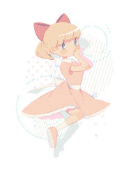 Rule 34 | 1girl, blonde hair, blue eyes, blush stickers, bow, covering own mouth, dress, full body, mother (game), mother 2, nintendo, paula (mother 2), pink dress, red bow, red footwear, shifumame, short hair, socks, solo, waist bow, white bow, white socks