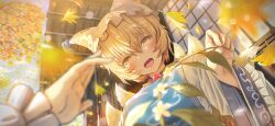 2girls animal_ears animal_hat autumn_leaves blonde_hair blue_tabard blurry blush chen commentary_request depth_of_field falling_leaves flower flower_request fox_ears fox_tail game_cg hat holding kitsune leaf long_sleeves misago_(525) mob_cap multiple_girls multiple_tails official_art open_mouth short_hair smile tabard tail third-party_source touhou touhou_gensou_eclipse white_flower wide_sleeves yakumo_ran yellow_eyes