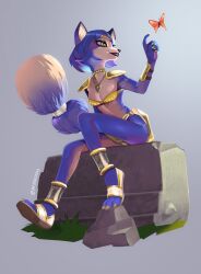 Rule 34 | 1girl, animal ears, armor, blue fur, blue hair, bra, breasts, bug, butterfly, claws, cleavage, fox ears, fox tail, furry, furry female, green eyes, highres, insect, jewelry, krystal, necklace, nintendo, pajaronaa, smile, solo, star fox, tail, underwear, white fur