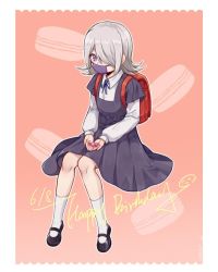 Rule 34 | 1girl, aged down, backpack, bag, black footwear, blue ribbon, border, candy print, candy wrapper, child, collared shirt, commentary request, danganronpa (series), danganronpa 3 (anime), dated, dress, hair over one eye, happy birthday, holding, invisible chair, kimura seiko, layered sleeves, long sleeves, looking at viewer, mary janes, mask, meipoi, mouth mask, neck ribbon, purple eyes, randoseru, red bag, ribbon, shirt, shoes, short over long sleeves, short sleeves, silver hair, sitting, socks, solo, white border, white shirt, white socks