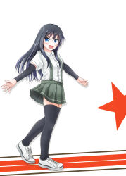Rule 34 | 1girl, arm warmers, asashio (kancolle), black hair, black thighhighs, blue eyes, blush, comiching, kantai collection, long hair, looking at viewer, open mouth, outstretched arms, pleated skirt, school uniform, shirt, shoes, short sleeves, skirt, smile, sneakers, solo, standing, suspenders, thighhighs, white shirt