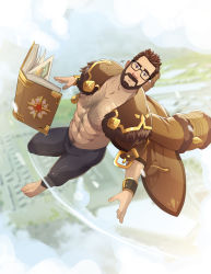 Rule 34 | 1boy, abs, bara, bare pectorals, barefoot, beard, black pants, book, brown coat, brown hair, chest hair, cloud, cloudy sky, coat, coat on shoulders, day, facial hair, flying, glasses, gyee, highres, jojiart, large pectorals, male focus, manly, muscular, muscular male, navel, nipples, open book, outdoors, pants, pectorals, short hair, sky, solo, vundo (gyee)
