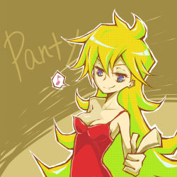Rule 34 | 10s, 1girl, blonde hair, blue eyes, breasts, character name, cleavage, dress, finger gun, gainax, long hair, musical note, namaco, panty &amp; stocking with garterbelt, panty (psg), red dress, single strap, smile, solo