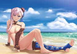Rule 34 | 1girl, asymmetrical gloves, asymmetrical hair, barefoot, beach, blue eyes, blue sky, blue thighhighs, blush, breasts, brown gloves, bun cover, cleavage, closed mouth, cloud, collarbone, convenient arm, convenient censoring, day, elbow gloves, fate/grand order, fate (series), fingerless gloves, full body, gloves, hair bun, hair censor, hair over breasts, hair over one breast, highres, horizon, knee up, large breasts, long hair, looking at viewer, miyamoto musashi (fate), miyamoto musashi (fate/grand order), miyamoto musashi (swimsuit berserker) (fate), miyamoto musashi (swimsuit berserker) (second ascension) (fate), navel, nude, ocean, on ground, outdoors, pink hair, print thighhighs, ryouya, single elbow glove, single hair bun, sitting, sky, smile, solo, star (symbol), star print, stirrup legwear, thighhighs, toeless legwear, water