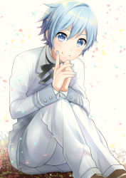 Rule 34 | 1boy, blazer, blue eyes, blue hair, blue nails, brown footwear, formal, hugging own legs, jacket, kaito (vocaloid), kikuchi mataha, knees up, looking at viewer, male focus, matching hair/eyes, nail polish, necktie, shoes, short hair, simple background, sitting, smile, solo, solo focus, suit, vocaloid, white suit