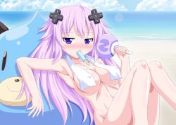 Rule 34 | 1girl, adult neptune, armpits, beach, blush, breasts, collarbone, convenient censoring, d-pad, d-pad hair ornament, dogoo, food, hair ornament, kagerou (kers), long hair, looking at viewer, neptune (neptunia), neptune (series), popsicle, purple eyes, purple hair, shiny skin, solo, sweat, towel, towel over breasts