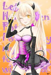 Rule 34 | 1girl, bad id, bad pixiv id, black thighhighs, blonde hair, blush, breasts, cyberagent, demon tail, elbow gloves, garter straps, girlfriend (kari), gloves, halloween, highres, horns, long hair, looking at viewer, mochizuki erena, one eye closed, ryo (magnet), smile, solo, tail, thighhighs, wink, yellow eyes