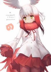 Rule 34 | 10s, 1girl, arms at sides, blunt bangs, breasts, buttons, covering own mouth, cowboy shot, expressionless, frilled sleeves, frills, fur collar, gloves, head wings, japanese crested ibis (kemono friends), japari symbol, kemono friends, long sleeves, looking at viewer, multicolored hair, pantyhose, pleated skirt, red eyes, red gloves, red pantyhose, red ribbon, red skirt, ribbon, sacraneco, skirt, solo, standing, tareme, translation request, twitter username, two-tone hair, white background, white hair, wide sleeves, wings, yellow eyes