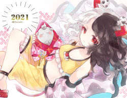 Rule 34 | 1girl, 2021, animal ears, bare shoulders, biyon, black hair, breasts, chinese zodiac, commentary request, cow ears, cow tail, haori, holding, horn ornament, horns, japanese clothes, crossed legs, medium breasts, medium hair, midriff, multicolored hair, new year, red eyes, sandals, shorts, smile, solo, split-color hair, statue, tail, touhou, twitter username, two-tone hair, ushizaki urumi, white hair, year of the ox, yellow shorts