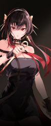 Rule 34 | 1girl, absurdres, bare shoulders, black dress, black gloves, black hair, blood, bloody weapon, breasts, cleavage, dagger, dress, earrings, fingerless gloves, flower, glint, gloves, gold earrings, gold hairband, gradient hair, hair flower, hair ornament, hairband, highres, holding, holding dagger, holding knife, holding weapon, jewelry, knife, kooemong, large breasts, long hair, looking at viewer, multicolored hair, parted lips, red eyes, red hair, reverse grip, rose, sidelocks, solo, spikes, spy x family, stiletto (weapon), taut clothes, taut dress, weapon, yor briar