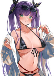 Rule 34 | 1girl, absurdres, bikini, black bikini, black ribbon, blush, breasts, cleavage, closed mouth, collarbone, commentary, cowboy shot, eyewear on head, front-tie bikini top, front-tie top, green eyes, hair ribbon, halterneck, highres, jacket, king&#039;s cross (mist train girls), large breasts, long hair, looking at viewer, midorino (green-happy), mist train girls, multi-strapped bikini bottom, navel, off shoulder, open clothes, open jacket, purple hair, ribbon, simple background, smile, solo, standing, stomach, string bikini, sunglasses, swimsuit, twintails, white background, white jacket