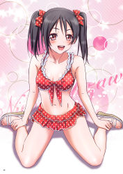 Rule 34 | 1girl, :d, absurdres, bikini, bikini skirt, black hair, blush, bow, character name, collarbone, diagonal stripes, front-tie bikini top, front-tie top, hair between eyes, hair bow, highres, long hair, love live!, love live! school idol project, microskirt, nanno koto, navel, open mouth, page number, pink background, polka dot, polka dot bikini, polka dot bow, polka dot skirt, red bikini, red bow, red eyes, red skirt, sitting, skirt, smile, solo, striped, striped background, swimsuit, twintails, wariza, yazawa nico