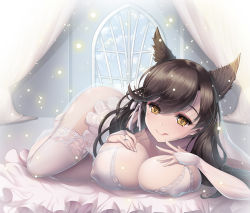 Rule 34 | 1girl, :q, absurdres, animal ears, ass, atago (azur lane), atago (lily-white vow) (azur lane), atago (lily-white vow) (azur lane), azur lane, breasts, bridal gauntlets, bridal veil, bride, covered erect nipples, dress, gloves, hands on own chest, highres, jewelry, koflif, large breasts, long hair, looking at viewer, lying, official alternate costume, on stomach, ornate ring, ring, see-through, see-through dress, solo, thighhighs, tongue, tongue out, veil, wedding ring, white dress, white gloves, white thighhighs, yellow eyes