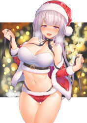 Rule 34 | 1girl, :d, bare shoulders, belt, bikini, bikini bottom only, black choker, blurry, blush, bokeh, breasts, cameltoe, choker, christmas, cleavage, collarbone, cowboy shot, crop top, cropped jacket, depth of field, fur trim, half-closed eyes, hands up, hat, highleg, jacket, kibanda gohan, large breasts, long hair, long sleeves, looking at viewer, midriff, navel, nose blush, off shoulder, open clothes, open jacket, open mouth, original, purple eyes, red bikini, red hat, red jacket, revealing clothes, santa hat, shirt, silver hair, sleeveless, sleeveless shirt, smile, solo, standing, stomach, strapless, strapless shirt, swimsuit, thigh gap, thighs, tube top, white shirt