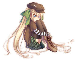 Rule 34 | 1girl, blue eyes, boots, bow, casual, hair bow, hair ornament, hair ribbon, hat, hugging own legs, light brown hair, long hair, looking at viewer, luzi, original, parted lips, plaid, plaid skirt, pleated skirt, ribbon, signature, sitting, skirt, solo, twintails