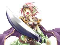Rule 34 | 1girl, animal ears, armor, black armor, bmp-to-png conversion, breasts, cape, cleavage, colored skin, cowboy shot, dragon ears, dragon girl, dragon tail, facial tattoo, fangs, fighting stance, fins, floating cape, forehead protector, frfr, game cg, granberia, green skin, hair intakes, head fins, holding, holding sword, holding weapon, looking at viewer, medium breasts, mon-musu quest!, monster girl, multicolored skin, neck tattoo, non-web source, open mouth, pointy ears, purple cape, red hair, scales, short hair, shoulder armor, simple background, solo, sword, tail, tattoo, teeth, tongue, transparent background, two-handed sword, two-tone skin, v-shaped eyebrows, weapon, wide hips, yellow eyes, yellow skin
