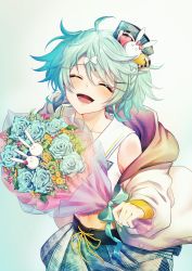 Rule 34 | 1boy, ^ ^, absurdres, ahoge, belt, blush, bouquet, bow, closed eyes, commentary request, crop top, flower, green bow, green hair, green skirt, hair ornament, hairclip, hanaco (hanaco 1230), hat, hat pin, highres, holding, holding bouquet, holostars, jacket, kagami kira, looking at viewer, male focus, messy hair, midriff, navel, open mouth, ribbon, simple background, skirt, smile, solo, trap, virtual youtuber, yellow ribbon