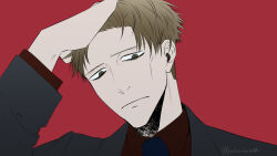 Rule 34 | 1boy, black eyes, black necktie, blonde hair, chachashima, collared shirt, formal, hand in own hair, highres, jujutsu kaisen, long sleeves, looking at viewer, male focus, muted color, nanami kento, necktie, portrait, red background, red shirt, shirt, short hair, solo, suit