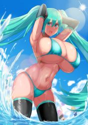 Rule 34 | 3girls, absurdres, aqua bikini, aqua eyes, aqua hair, armpits, arms behind head, arms up, bikini, black sleeves, black thighhighs, blue sky, breasts, cloud, contrapposto, cowboy shot, day, detached sleeves, facominn, from below, hatsune miku, highres, huge breasts, kagamine rin, long hair, looking at viewer, looking down, megurine luka, multiple girls, navel, ocean, open mouth, outdoors, sky, smug, splashing, standing, stomach, sun, swimsuit, thighhighs, thighs, twintails, very long hair, vocaloid, wading, water, wet